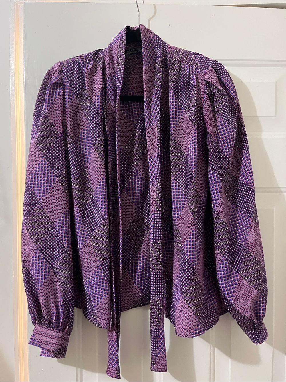 Emanuel Ungaro Purple Patterned Long-Sleeve Tie-Neck Blouse